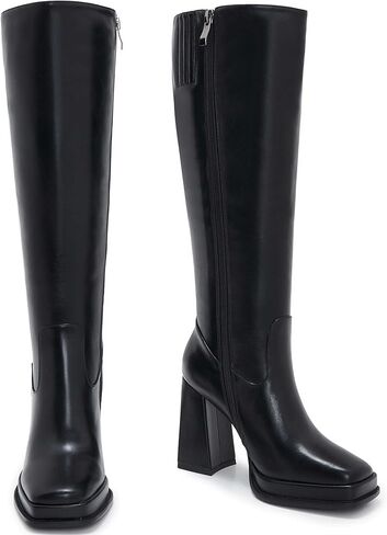 ZXHYZLZ Knee High Gogo Boots 70S For Women Wide Calf Long Tall Square Toe Chunky Boot Women in Saudi Arabia