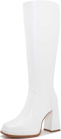 ZXHYZLZ Knee High Gogo Boots 70S For Women Wide Calf Long Tall Square Toe Chunky Boot Women in Saudi Arabia