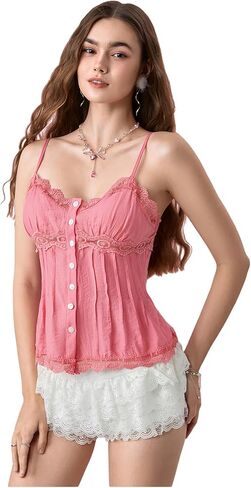 Women's Lace Button Down Blouses V Neck Spaghetti Strap Camisole Tops Summer Shirts in Saudi Arabia