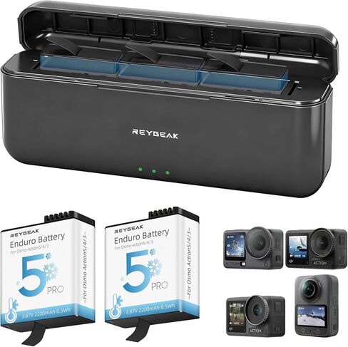 REYGEAK Battery and Charger for DJI Osmo Action 6,2 Pack Replacement Batteries for Osmo 360 Action5/4/3 with 3 Ports,2200mAh Portable Battery for DJI Osmo Extend Batteries Accessories in Kuwait