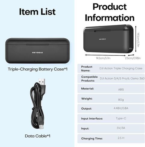 REYGEAK Battery and Charger for DJI Osmo Action 6,2 Pack Replacement Batteries for Osmo 360 Action5/4/3 with 3 Ports,2200mAh Portable Battery for DJI Osmo Extend Batteries Accessories in Kuwait