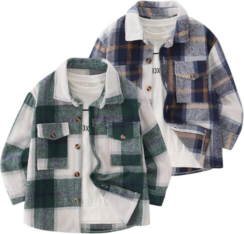 Boys Plaid Flannel Shirt 2 Piece Long Sleeve Tops Kids Button Down Shirts Fall Winter Outfits for 4-12 Years in Kuwait