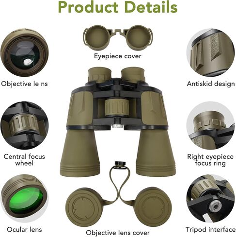 20x50 Binoculars for Adults High Powered, Military Compact HD Waterproof Binoculars with Low Light Vision for Bird Watching Travel Hunting Football Games Stargazing with Carrying Case and Strap(Mud) in Kuwait