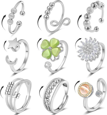 حلقات القلق الحلقة المملوءة للنساء الذهب 9pcs قابلة للتعديل حلقة الدوران CZ الماس Sunflower Moon Star Four Leaf Heart Bead حلقات تململ لتخفيف الإجهاد القلق للنساء in Kuwait