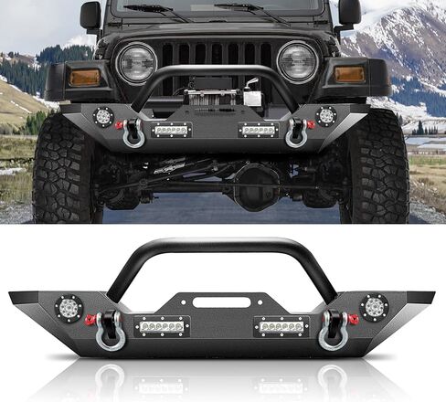 المصد الأمامي لسيارة جيب رانجلر JK/JKU JL/JLU Gladiator JT 2007-2025، مصد فولاذي مع مصابيح LED بلوحة ونش وحلقات على شكل حرف D، مع دعامة لوحة الترخيص in Saudi Arabia