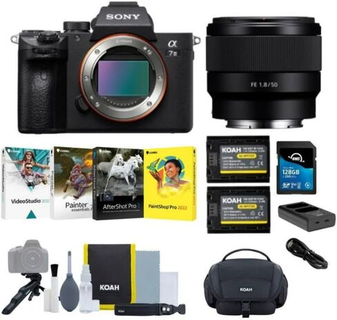 مجموعة كاميرا سوني ألفا a7 III الرقمية بدون مرآة مع عدسة FE مقاس 50 مم f/1.8، ومجموعة برامج الصور، وبطاقة ذاكرة SD سعة 128 جيجابايت، وبطارية قابلة لإعادة الشحن (عبوتان) وشاحن، وحقيبة كاميرا (6 قطع) in Kuwait