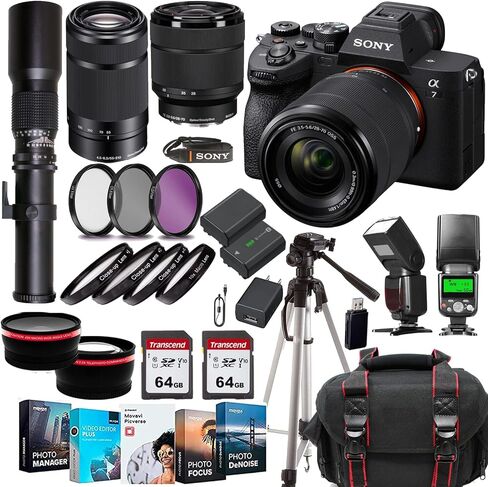 كاميرا سوني a7 IV بدون مرآة FE 28-70 ملم f/3.5-5.6 OSS عدسة E 55-210 ملم f/4.5-6.3 OSS + حافظة + 500 ملم f/8.0 عدسة تليفوتوغرافي محددة مسبقًا + 128 جيجا بايت بطاقات ذاكرة + فلاش TTL + حامل ثلاثي القوائم (17 قطعة) حزمة (متجددة) in Saudi Arabia