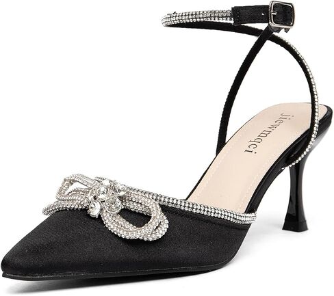 Jiewmkci نسائي أسود بكعب عالٍ Destiny مغلق عند الأصابع بحزام عالي الكعب صنادل مثيرة من الألماس المائي وحزام الكاحل بكعب قطة حريري لحفلات الزفاف وحفلات الزفاف in Kuwait