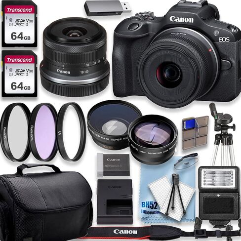 Canon EOS R100 4K Video Recording Mirrorless Camera with 18-45mm Lens, 2 X 64GB Fast Transcend Memory + Deluxe Accessory Bundle, Black (Renewed) in Saudi Arabia