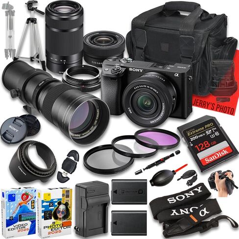 كاميرا Sony a6400 بدون مرآة مع عدسة E PZ 16-50 مم f/3.5-5.6 OSS وE 55-210 مم f/4.5-6.3 و420-800 مم f/8 + ذاكرة 128 جيجابايت + بطارية إضافية + حقيبة كاميرا + المزيد (حزمة 27 قطعة) (متجددة) in Kuwait