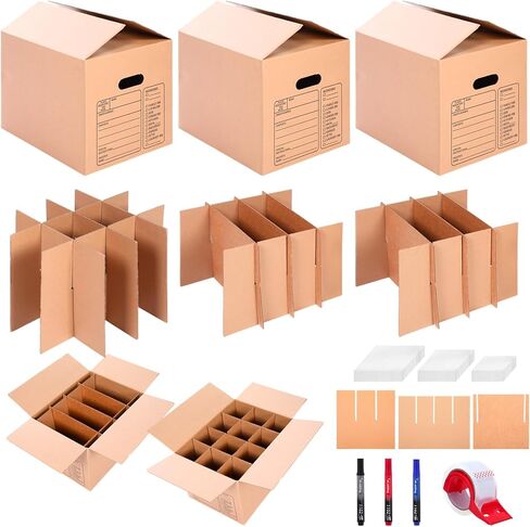 Maitys 12 Sets Kitchen Kit Moving Boxes with Handle Hole, 16 x 12 x 13 Inch, Included Glassware Moving Divider Kits Foam Pouches Cup and Plate Box Tape Rolls for Kitchen Packing Transportation in Saudi Arabia