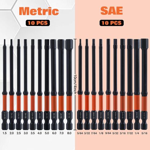 SPEEDWOX 20PCS Impact Hex Head Allen Wrench Drill Bit Set Metric & SAE 1/4" Hex-Shank S2 Alloy Steel Hex Bits Set Magnetic Tips Impact 4" Long Allen Wrench with Extension Socket Storage Box in Saudi Arabia