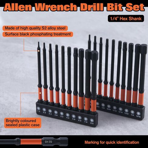 SPEEDWOX 20PCS Impact Hex Head Allen Wrench Drill Bit Set Metric & SAE 1/4" Hex-Shank S2 Alloy Steel Hex Bits Set Magnetic Tips Impact 4" Long Allen Wrench with Extension Socket Storage Box in Saudi Arabia
