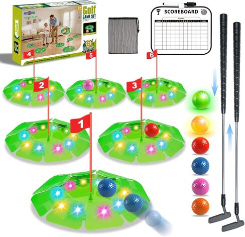 Light Up Golf Play Set - Upgraded Backyard Golf Chipping Game with 6 LED Targets, 2 Clubs, 18 Balls, 6 Bean Bags, Night Golf Toys Gifts for Kids Golfers Family Indoor Outdoor Beach Lawn Park in Kuwait