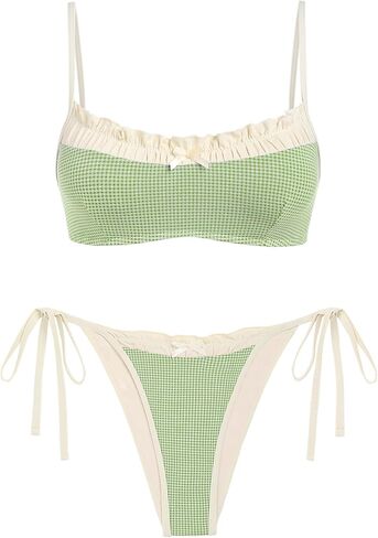 ZAFUL Bikini Sets for Women Plaid Ruffles Trim Swimsuit Sexy Tie Back Bowknot Triangle High Cut Tie Side Thong Bathing Suit in Saudi Arabia