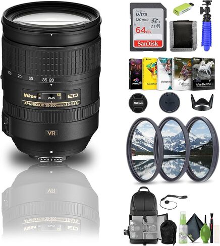 عدسة Nikon AF-S NIKKOR مقاس 28-300 مم وببؤرة f/3.5-5.6G ED VR (2191) + بطاقة ذاكرة سعة 64 جيجابايت + طقم مرشح + حقيبة ظهر + قارئ بطاقات + برنامج Corel للصور + حامل ثلاثي القوائم مرن + حافظة للأغطية + طقم تنظيف (متجدد) in Saudi Arabia