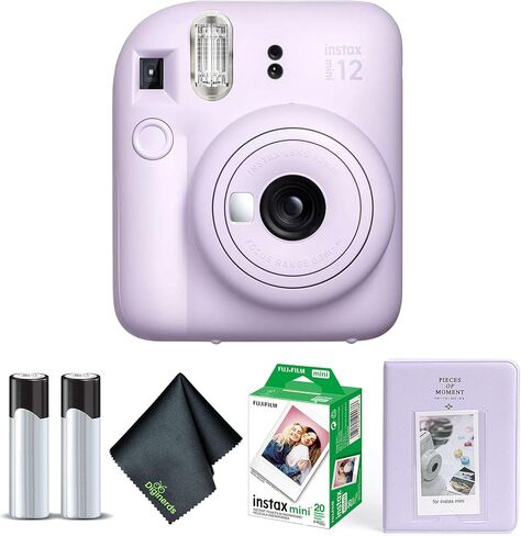 مجموعة كاميرا Fujifilm Instax Mini 12 الفورية أرجواني أرجواني مع حزمة اقتصادية لفيلم Fuji Instax Mini (20 ورقة) + ألبوم صور + قطعة قماش للتنظيف من الألياف الدقيقة in Kuwait