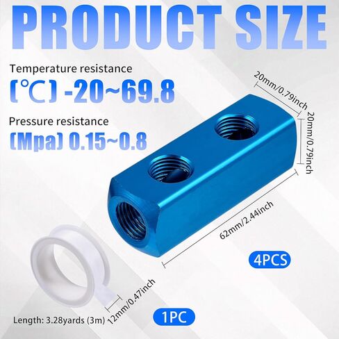 4 PCS 2 Way 5 Port Air Compressor Manifold G1/2 Supply Port G1/4-Inch Output Aluminum Air Hose Inline Manifold Block Splitter With 3 Metres Tape Blue in Saudi Arabia