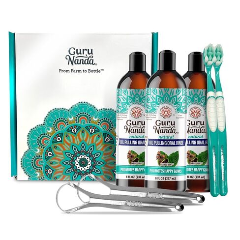 Gurunanda Cocomint زيت سحب غسول الفم لنظافة الفم الكاملة ، 7 زيوت أساسية وفيتامينات للأسنان واللثة السعيدة والتنفس الطازج ، خالية من الكحول ، 8 أوقية in Kuwait