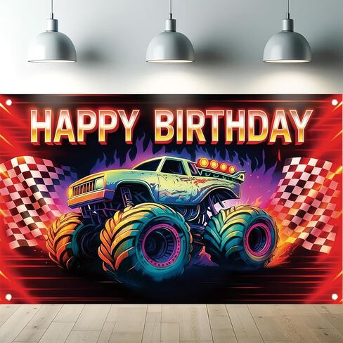 Dinosaur Monster Truck Happy Birthday Backdrop Banner Kids Birthday Party Decorations Photography Background Boys Party Supplies Photo Booth 71x43 Inch in Saudi Arabia