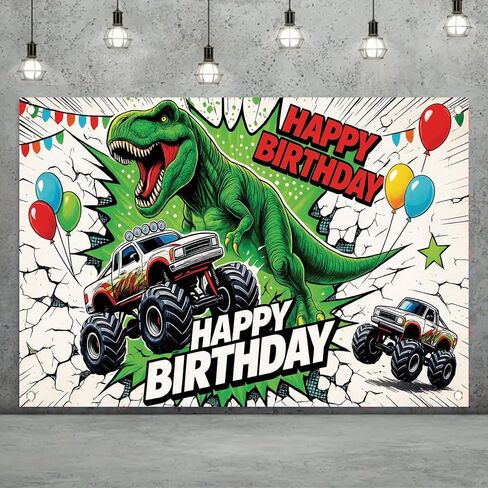 Dinosaur Monster Truck Happy Birthday Backdrop Banner Kids Birthday Party Decorations Photography Background Boys Party Supplies Photo Booth 71x43 Inch in Saudi Arabia