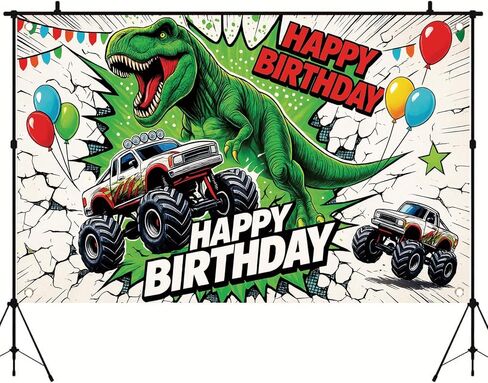 Dinosaur Monster Truck Happy Birthday Backdrop Banner Kids Birthday Party Decorations Photography Background Boys Party Supplies Photo Booth 71x43 Inch in Saudi Arabia