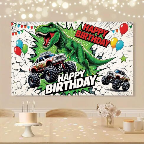 Dinosaur Monster Truck Happy Birthday Backdrop Banner Kids Birthday Party Decorations Photography Background Boys Party Supplies Photo Booth 71x43 Inch in Saudi Arabia