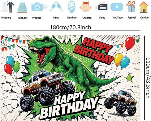 Dinosaur Monster Truck Happy Birthday Backdrop Banner Kids Birthday Party Decorations Photography Background Boys Party Supplies Photo Booth 71x43 Inch in Saudi Arabia