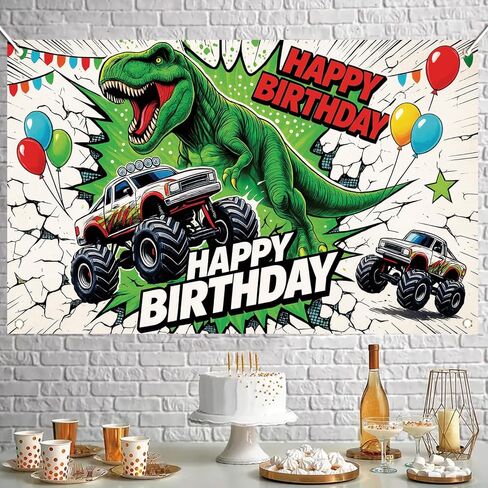 Dinosaur Monster Truck Happy Birthday Backdrop Banner Kids Birthday Party Decorations Photography Background Boys Party Supplies Photo Booth 71x43 Inch in Saudi Arabia