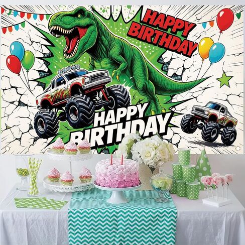 Dinosaur Monster Truck Happy Birthday Backdrop Banner Kids Birthday Party Decorations Photography Background Boys Party Supplies Photo Booth 71x43 Inch in Saudi Arabia