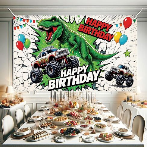 Dinosaur Monster Truck Happy Birthday Backdrop Banner Kids Birthday Party Decorations Photography Background Boys Party Supplies Photo Booth 71x43 Inch in Saudi Arabia