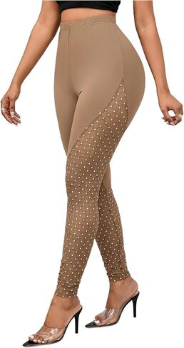 SHENHE Women's Rhinestone Mesh Patchwork Dressy Leggings High Waisted Elegant Skinny Pants in Saudi Arabia
