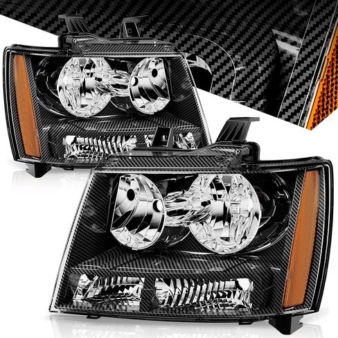 مجموعة المصابيح الأمامية من Auto Dynasty متوافقة مع Chevy Tahoe Suburban 1500 2007-2014 Avalanche Suburban 2500 2007-2013، جانب السائق والراكب، عاكس كهرماني مبيت أسود in Saudi Arabia