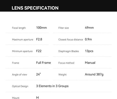 TTARTISAN 100mm F2.8 for M Mount, Bubble Bokeh Lens Full Frame Manual Focus Soap Bubble Bokeh Prime Lens Compatible with M10 M11 M240 Series M9P M10R Film Cameras in Saudi Arabia
