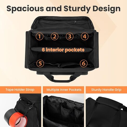 VJI Heavy Duty Tool Bag with Multi-Pockets, Portable Storage Bag with Large Zipper, Carrying Toolbag with Adjustable Shoulder Strap and Ergonomic Handle, Repairman, Carpenters, Handyman, Black in Saudi Arabia