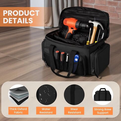 VJI Heavy Duty Tool Bag with Multi-Pockets, Portable Storage Bag with Large Zipper, Carrying Toolbag with Adjustable Shoulder Strap and Ergonomic Handle, Repairman, Carpenters, Handyman, Black in Saudi Arabia