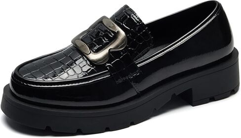 Black/Brown Patent/Matte Leather Platform Loafers for Women, Women's Comfortable Slip-On Chunky Heel Dress Shoes for Work in Kuwait