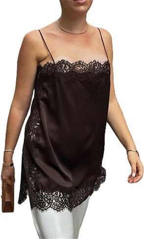 Women Satin Lace Trim Patchwork Cami Tops Y2k Girls Silk Irregular Hem Camisole Midi Shirt Going Out Party Tops in Kuwait