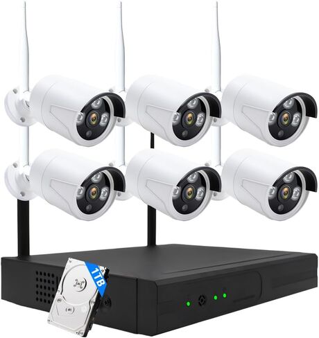 نظام كاميرا أمان لاسلكية بدقة 3 ميجابكسل - 6 كاميرات Wi-Fi Bullet + 10CH NVR، رؤية ليلية بالأشعة تحت الحمراء بطول 15 مترًا، IP66 مانعة لتسرب الماء، H.265، مراقبة داخلية/خارجية، توصيل وتشغيل، تنبيهات متنقلة، تخزين مزدوج in Kuwait