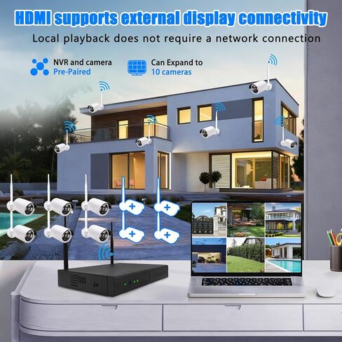 نظام كاميرا أمان لاسلكية بدقة 3 ميجابكسل - 6 كاميرات Wi-Fi Bullet + 10CH NVR، رؤية ليلية بالأشعة تحت الحمراء بطول 15 مترًا، IP66 مانعة لتسرب الماء، H.265، مراقبة داخلية/خارجية، توصيل وتشغيل، تنبيهات متنقلة، تخزين مزدوج in Kuwait