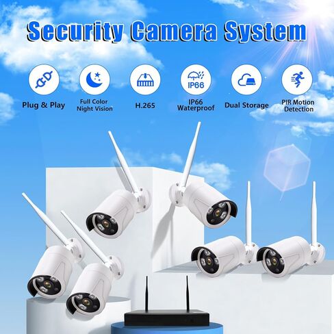 نظام كاميرا أمان لاسلكية بدقة 3 ميجابكسل - 6 كاميرات Wi-Fi Bullet + 10CH NVR، رؤية ليلية بالأشعة تحت الحمراء بطول 15 مترًا، IP66 مانعة لتسرب الماء، H.265، مراقبة داخلية/خارجية، توصيل وتشغيل، تنبيهات متنقلة، تخزين مزدوج in Kuwait