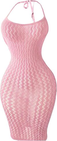 OYOANGLE Women's Fishnet Mesh Halter Lingerie Dress Sexy Bodycon Hollow Out See Through Chemise Beach Cover Up Dress in Saudi Arabia