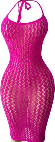 OYOANGLE Women's Fishnet Mesh Halter Lingerie Dress Sexy Bodycon Hollow Out See Through Chemise Beach Cover Up Dress in Saudi Arabia