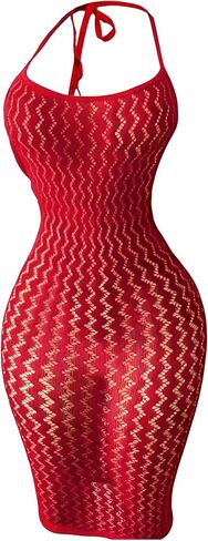OYOANGLE Women's Fishnet Mesh Halter Lingerie Dress Sexy Bodycon Hollow Out See Through Chemise Beach Cover Up Dress in Saudi Arabia