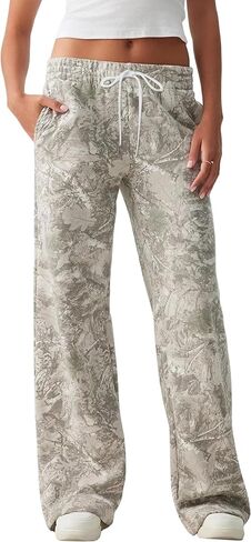 Casual Wide Leg Camo Pants for Women Baggy Elastic High Waist Fleece Sweatpants Maple Leaf Drawstring Lounge Pants in Saudi Arabia