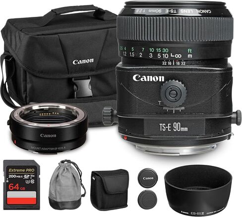 عدسة Canon TS-E مقاس 90 مم f/2.8 قابلة للإمالة | التحكم في المنظور مع التركيز اليدوي والعمق الإبداعي للمجال| رائعة للهندسة المعمارية والتصوير الفوتوغرافي في الاستوديو (2544A003) + محول EF-EOS R + حقيبة + بطاقة سعة 64 جيجابايت in Saudi Arabia