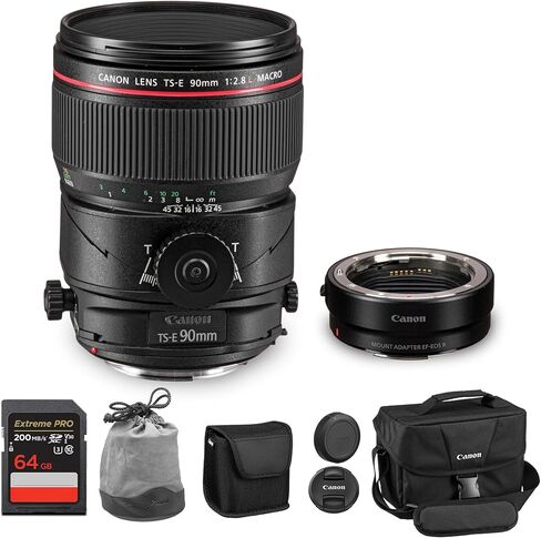 Canon TS-E 90mm f/2.8L Macro Tilt-Shift Lens| L-Series Prime with Perspective Control & Close-Focus Macro| Perfect for Architecture & Studio Photography (2274C002) + Adapter EF-EOS R + Bag + 64GB Card in Saudi Arabia