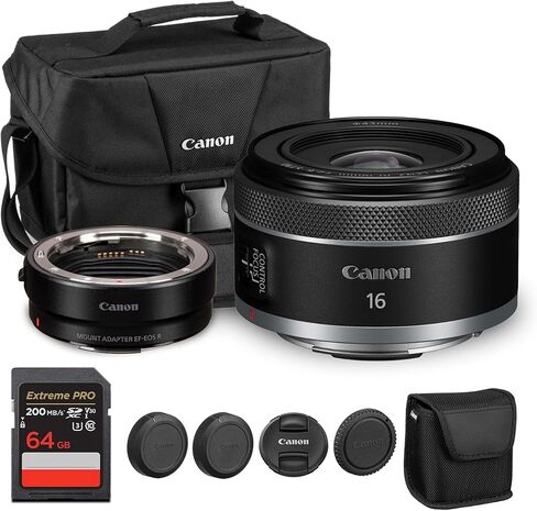 Canon RF 16mm f/2.8 STM Lens| Ultra-Wide Angle Prime with Bright f/2.8 Aperture & Compact Lightweight Design| Perfect for Travel & Landscape Photography (5051C002) + Adapter EF-EOS R + Bag + 64GB Card in Saudi Arabia