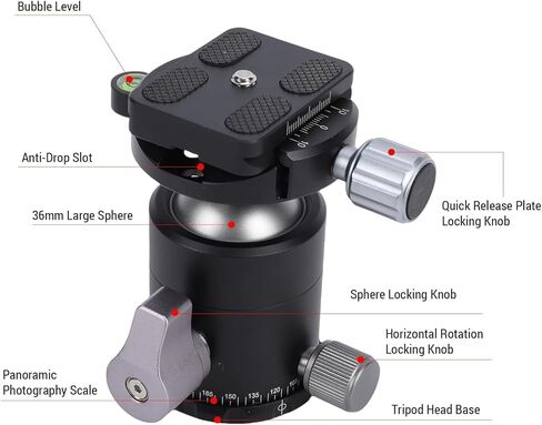 Yunseity 36mm Metal Ball Head, 8KG Load Capacity Tripod Ball Head with 1/4 Inch Plate, 360 Degree Panorama Rotation for DSLR Camera Tripod Monopod in Saudi Arabia