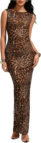 Milumia Women's Leopard Printed Boat Neck Maxi Dress Sleeveless Bodycon Party Club Tank Dresses in Saudi Arabia